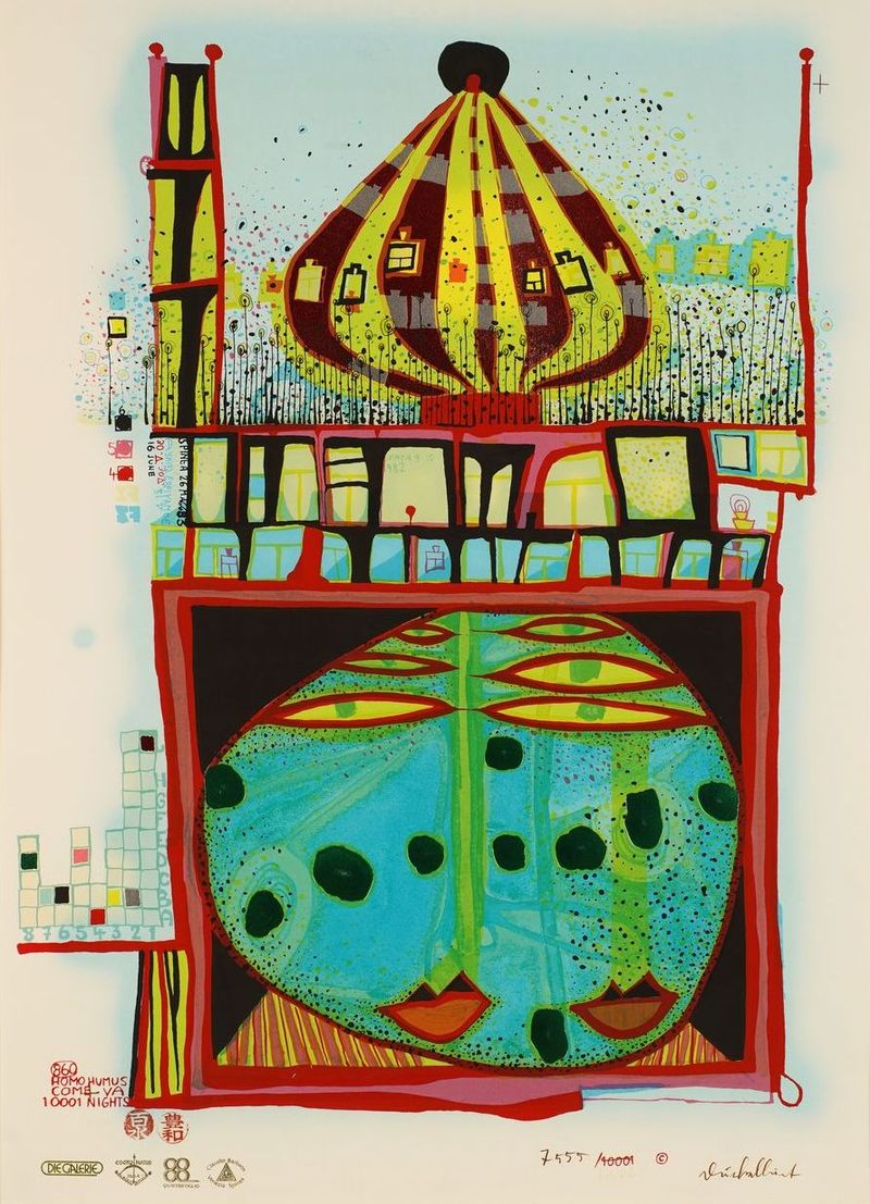 Friedensreich Hundertwasser: 100002 NIGHTS HOMO HUMUS COME VA HOW DO YOU DO, 1983 © 2026 Gruener Janura AG, Glarus