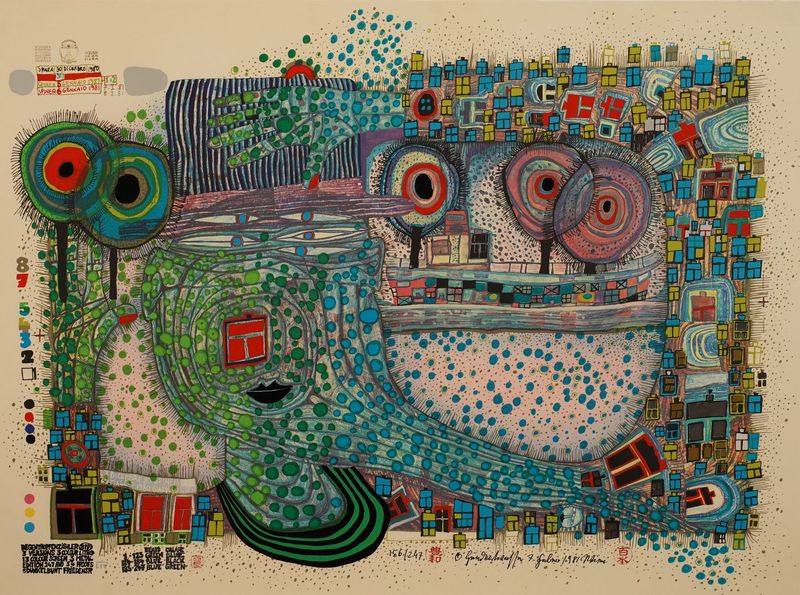 REGENTROPFENZAHLER, Lithografle in 3 Farben, Serigraphie in 13 Farben mit Metallprägungen in 2 Farben (gold und silber), 1981