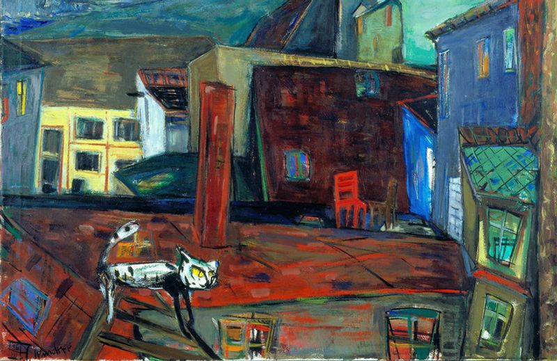 Gerd Wandrer, Stadtlandschaft mit rotem Stuhl, 1985, VG Bildkunst.