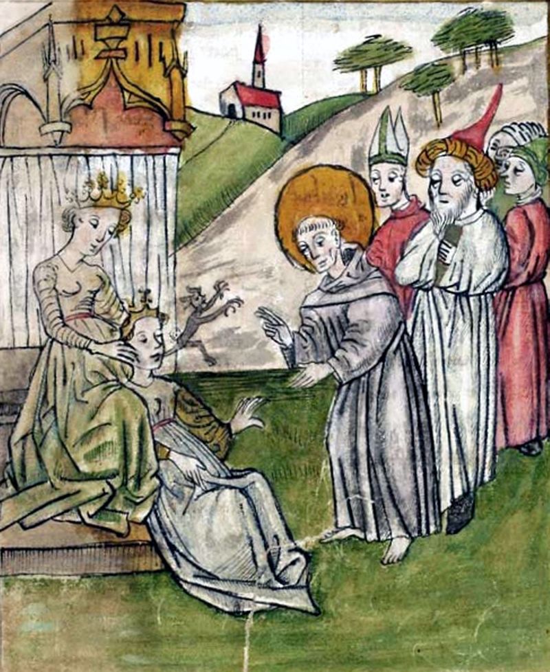 Conrad Sailer: Gallus befreit Fridiburg vom Teufel (um 1455. St. Gallen, Stiftsbibliothek)